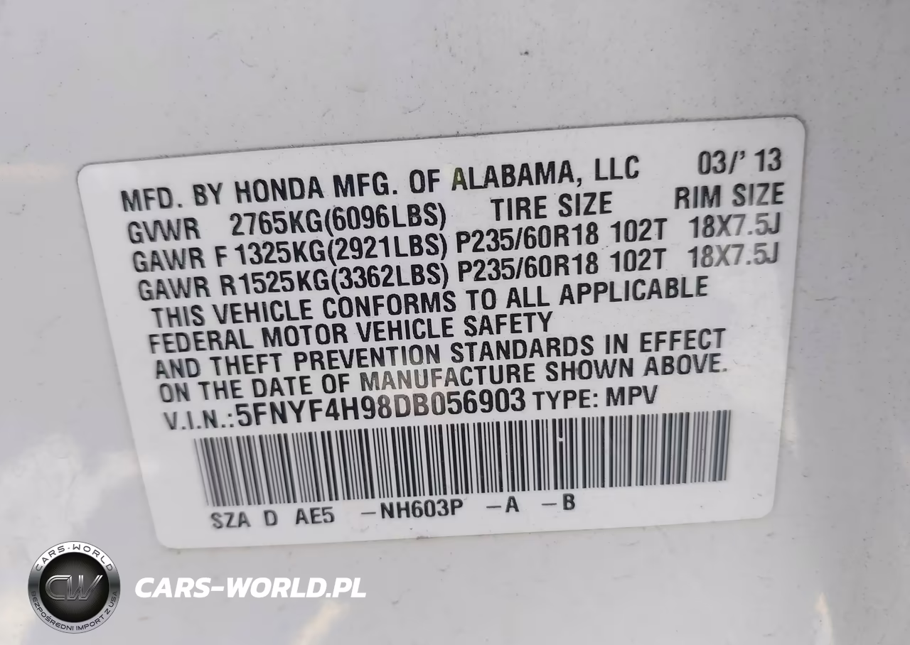 2013 Honda Pilot Touring VIN:5FNYF4H98DB056903 - 9