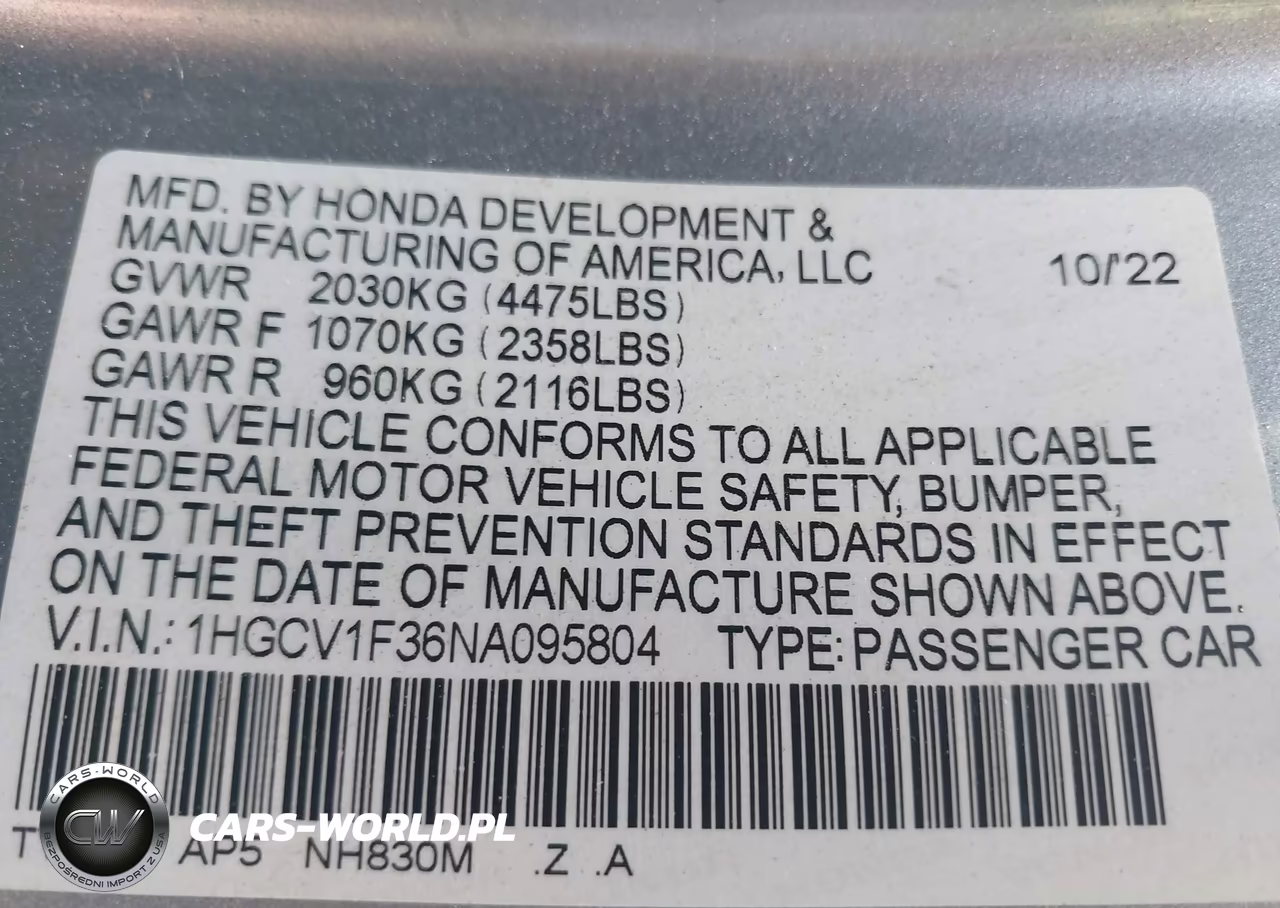 2022 Honda Accord Sport VIN:1HGCV1F36NA095804 - 9