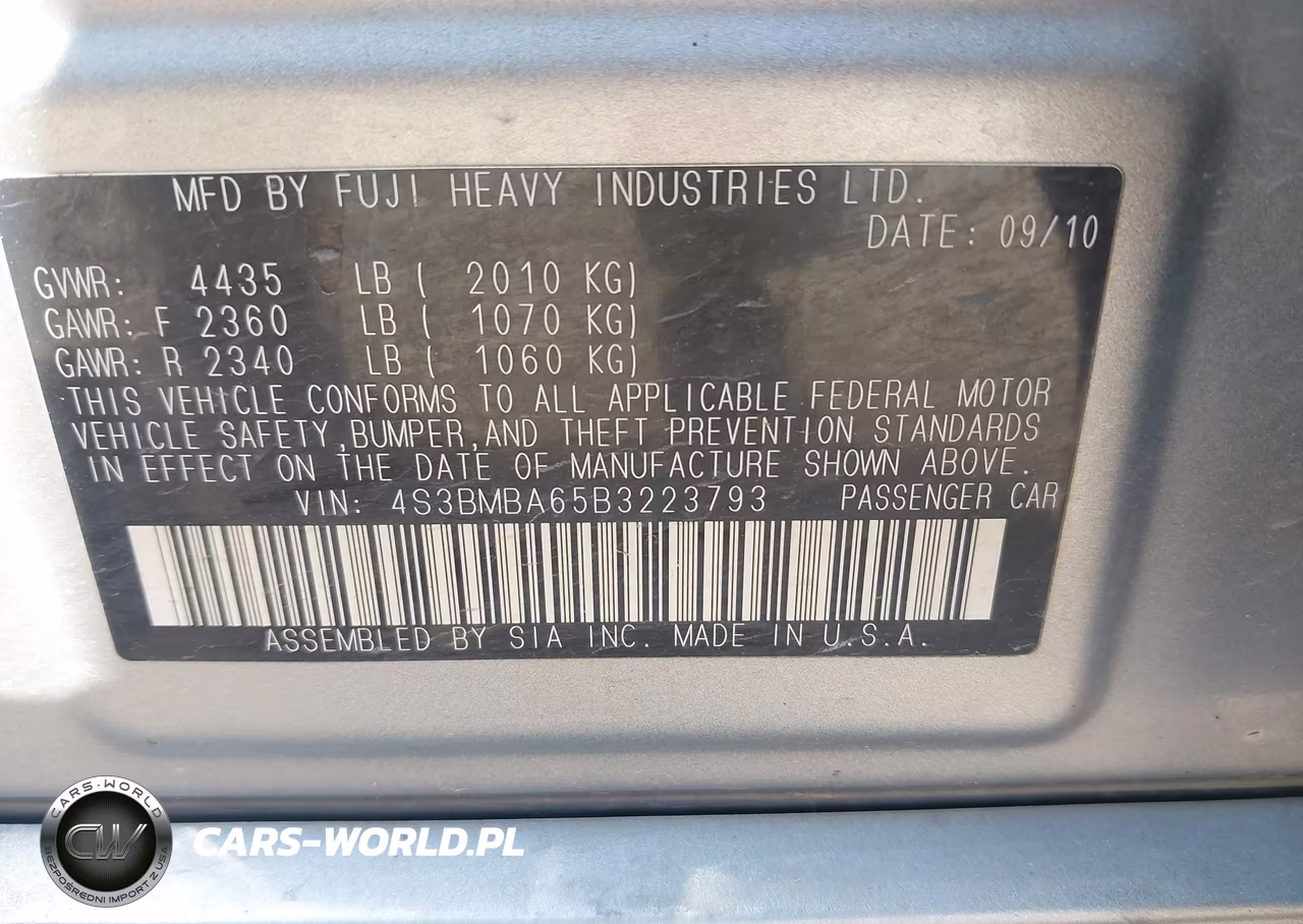 2011 Subaru Legacy 2.5I VIN:4S3BMBA65B3223793 - 9