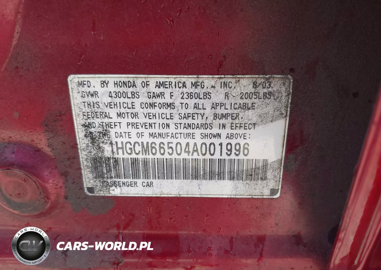 2004 Honda Accord 3.0 Ex VIN:1HGCM66504A001996 - 9