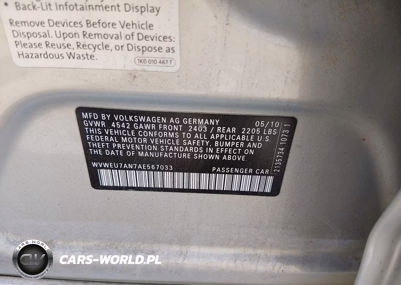 2010 Volkswagen Cc Vr6 Sport VIN:WVWEU7AN7AE567033 - 9