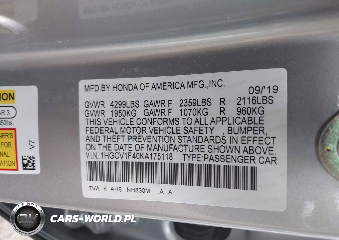 2019 Honda Accord Ex VIN:1HGCV1F40KA175118 - 9