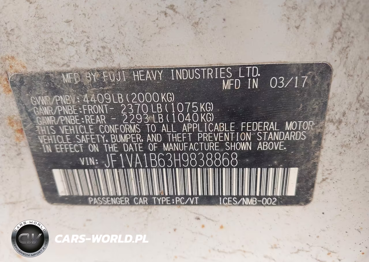 2017 Subaru Wrx VIN:JF1VA1B63H9838868 - 9