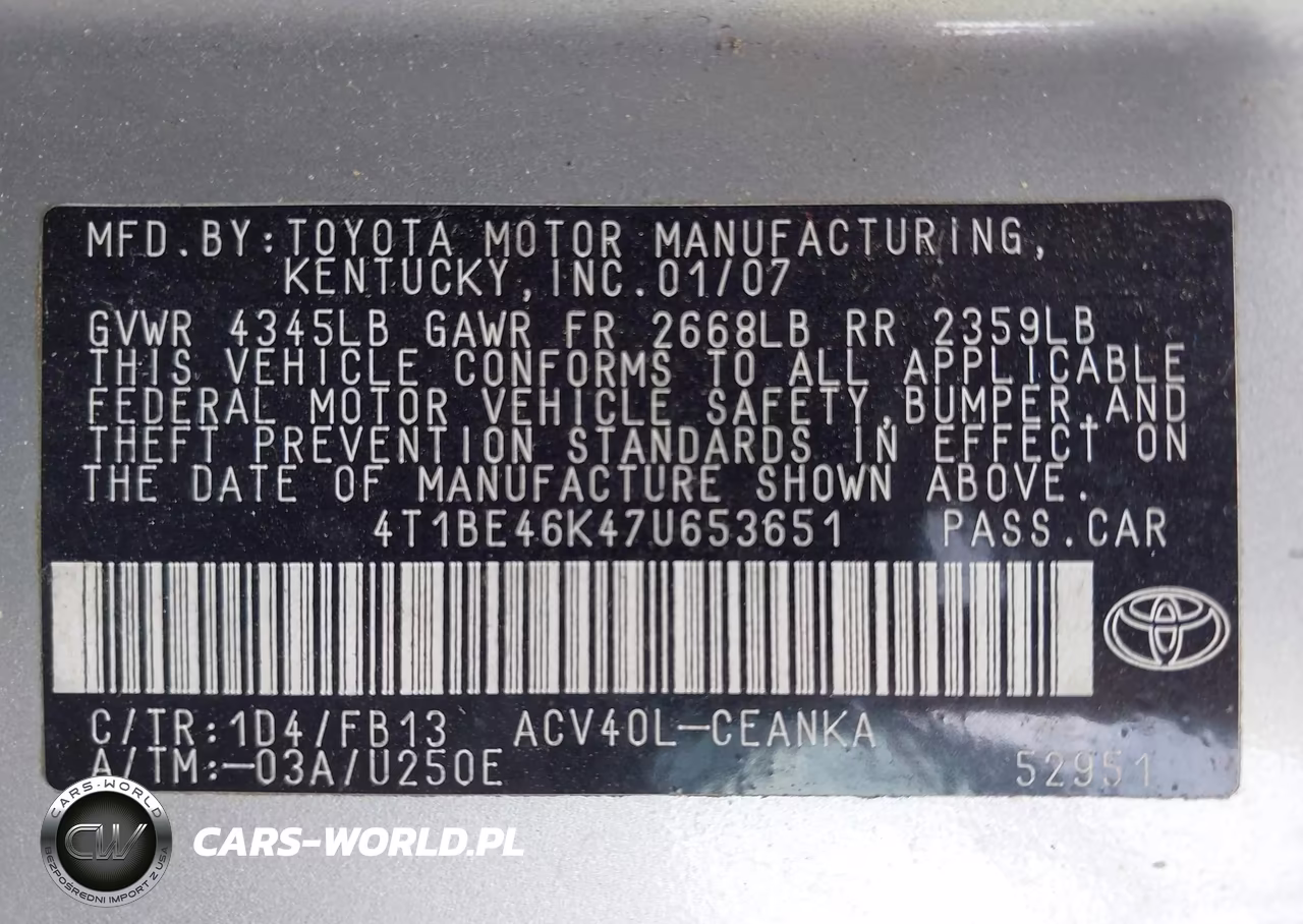 2007 Toyota Camry Le VIN:4T1BE46K47U653651 - 9