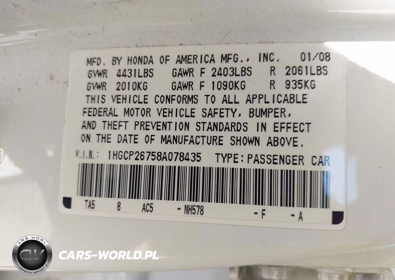 2008 Honda Accord 2.4 Ex VIN:1HGCP26758A078435 - 9