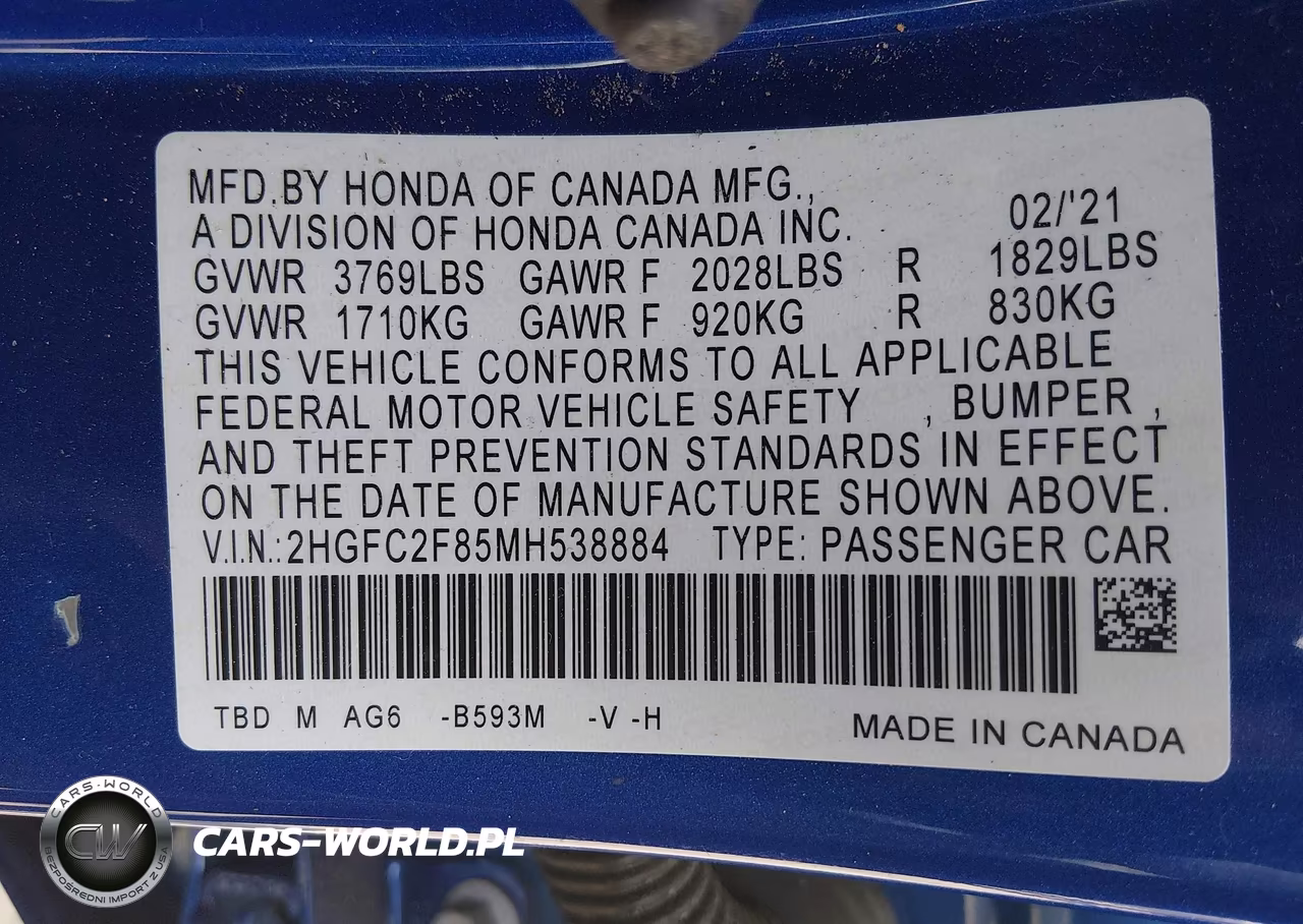 2021 Honda Civic Sport VIN:2HGFC2F85MH538884 - 9