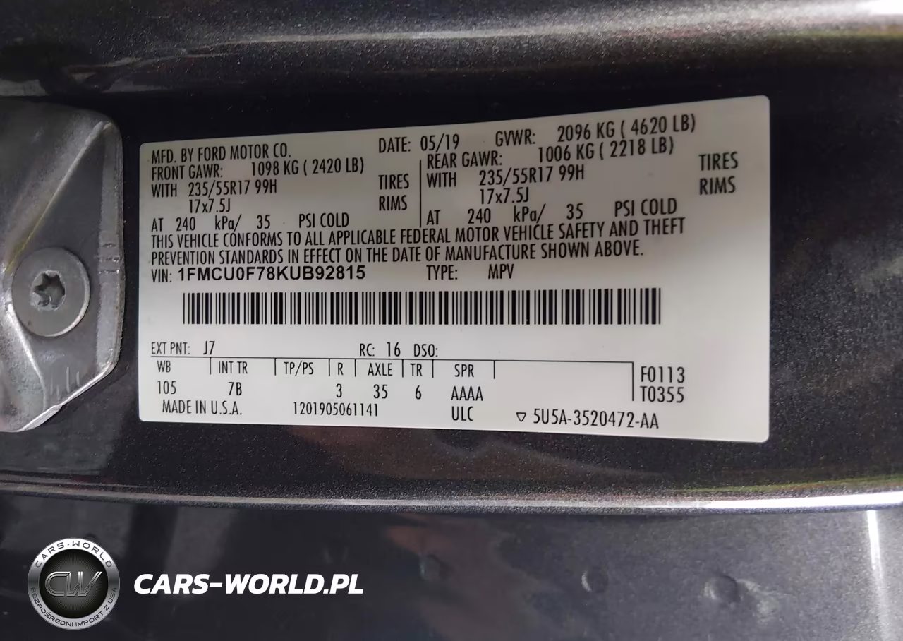 2019 Ford Escape S VIN:1FMCU0F78KUB92815 - 9