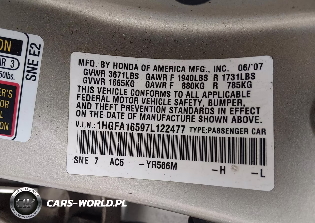 2007 Honda Civic Lx VIN:1HGFA16597L122477 - 9