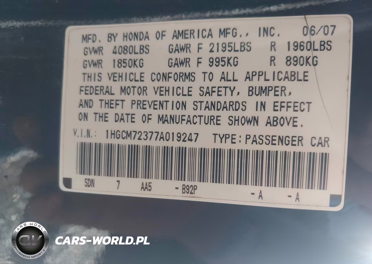 2007 Honda Accord 2.4 Lx VIN:1HGCM72377A019247 - 9