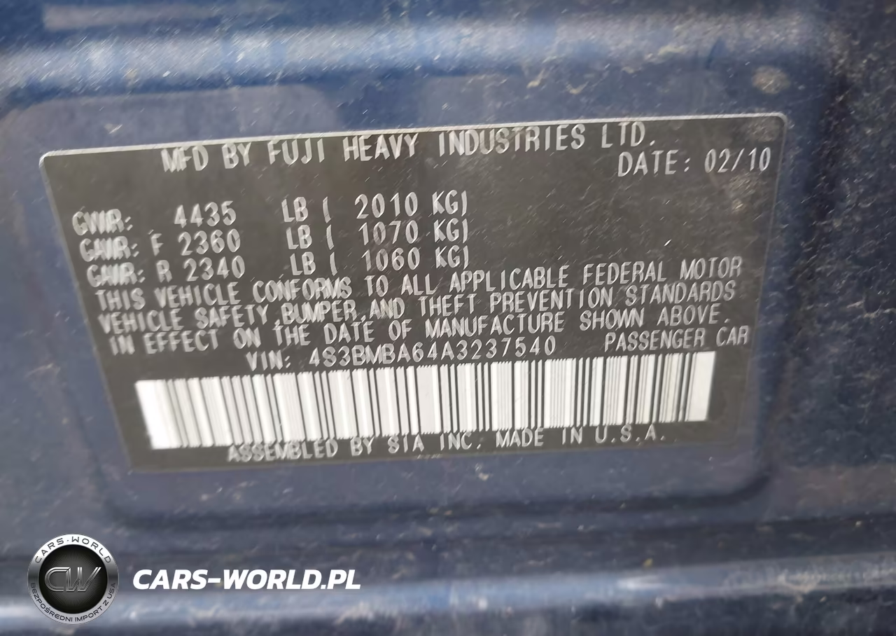 2010 Subaru Legacy 2.5I VIN:4S3BMBA64A3237540 - 9