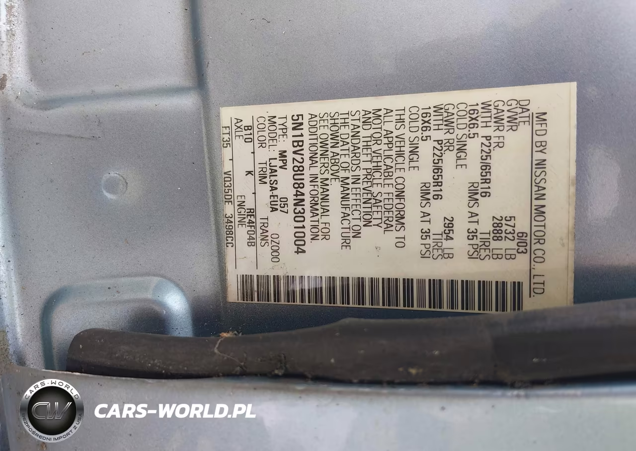 2004 Nissan Quest 3.5 S VIN:5N1BV28U84N301004 - 9