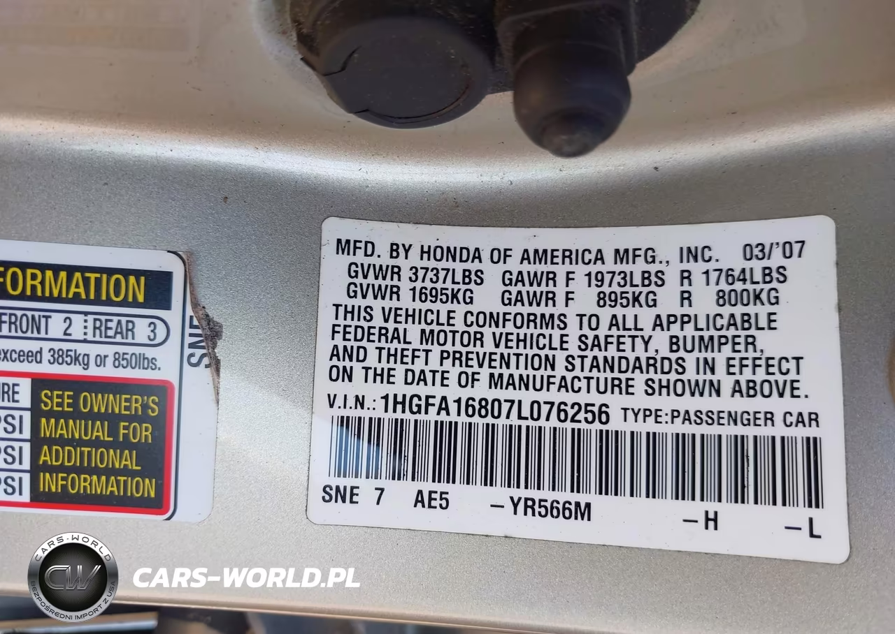 2007 Honda Civic Ex VIN:1HGFA16807L076256 - 9
