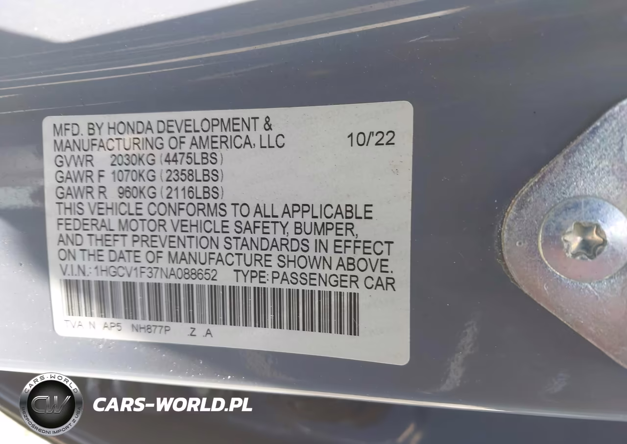 2022 Honda Accord Sport VIN:1HGCV1F37NA088652 - 9