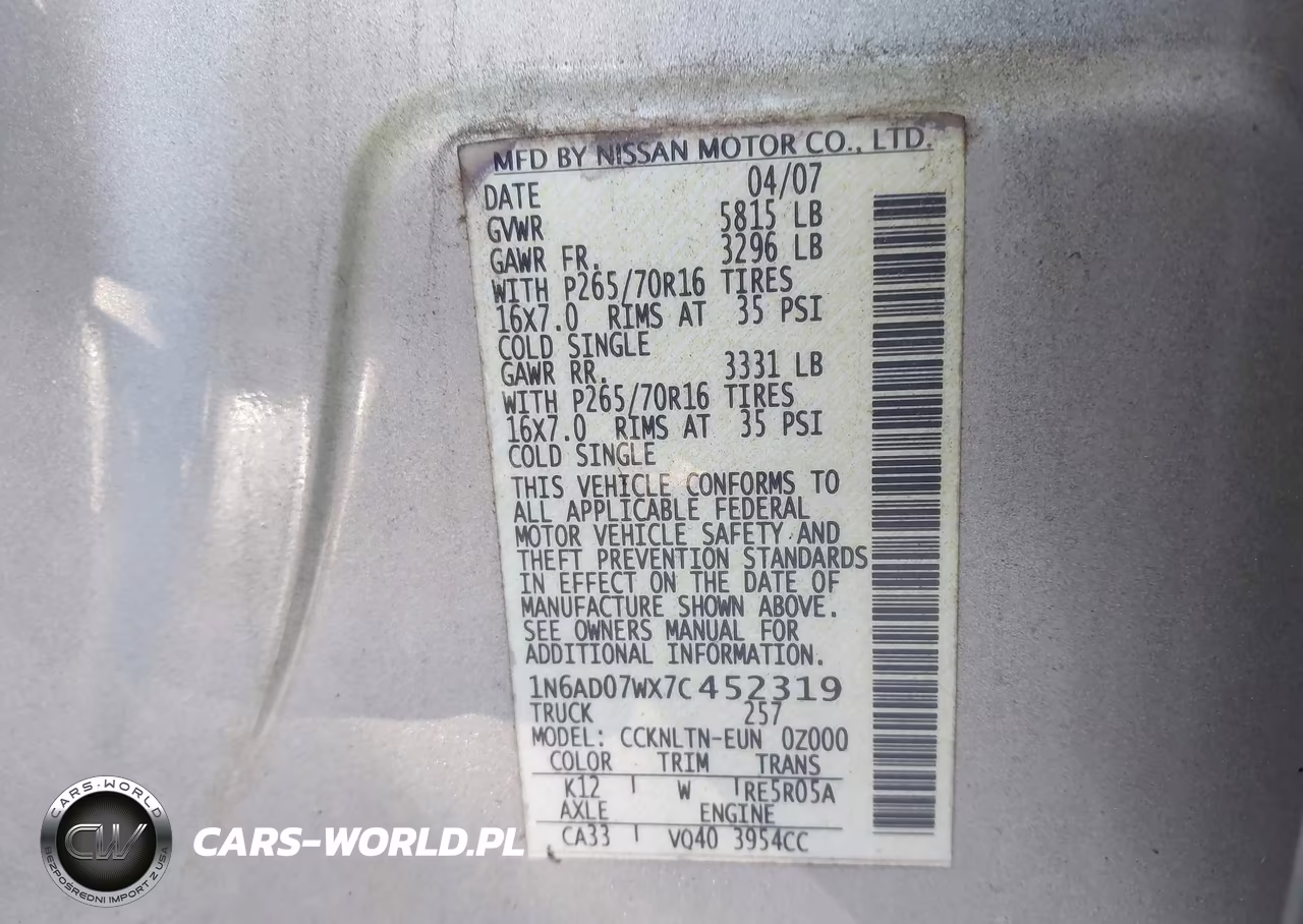 2007 Nissan Frontier Se VIN:1N6AD07WX7C452319 - 9