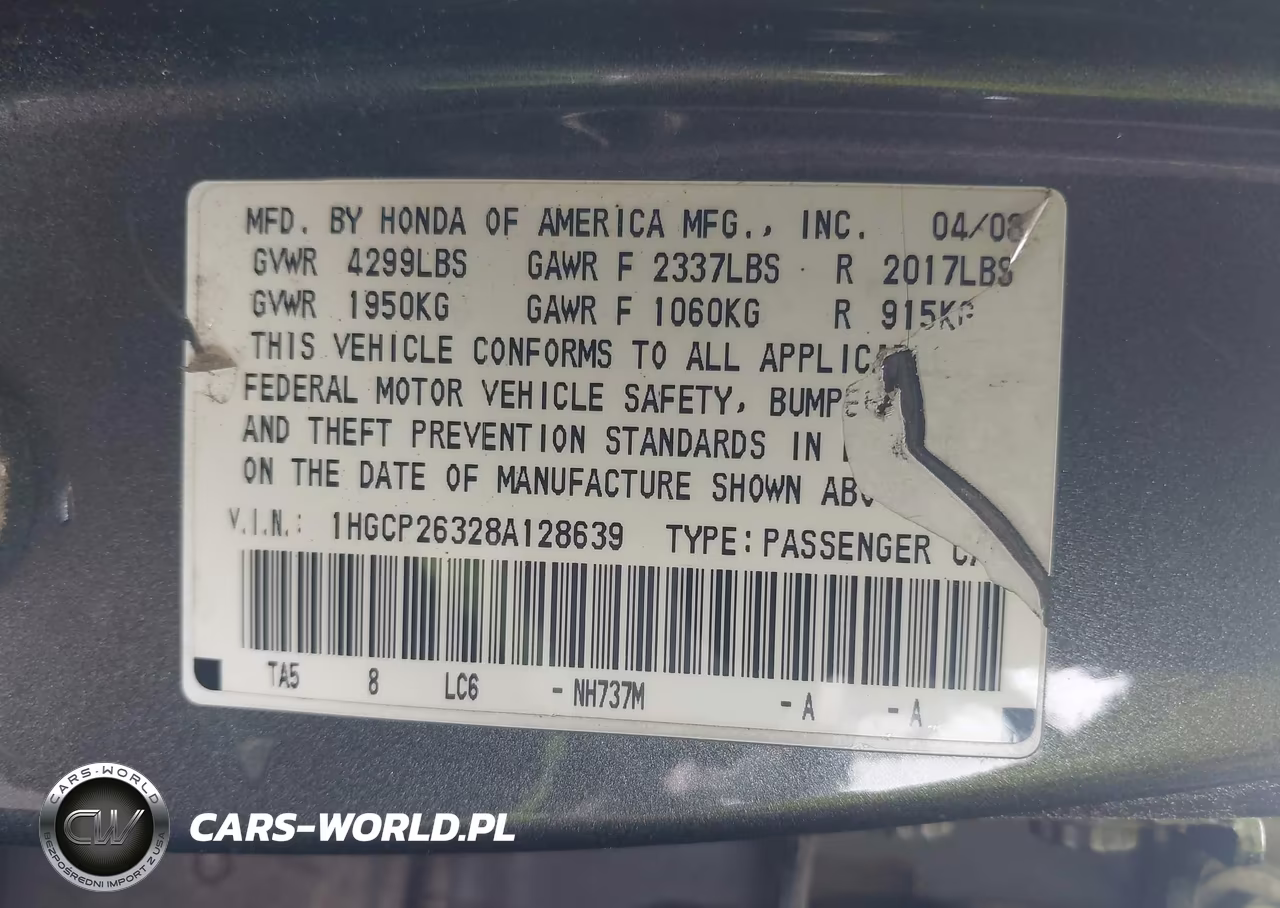 2008 Honda Accord 2.4 Lx VIN:1HGCP26328A128639 - 9