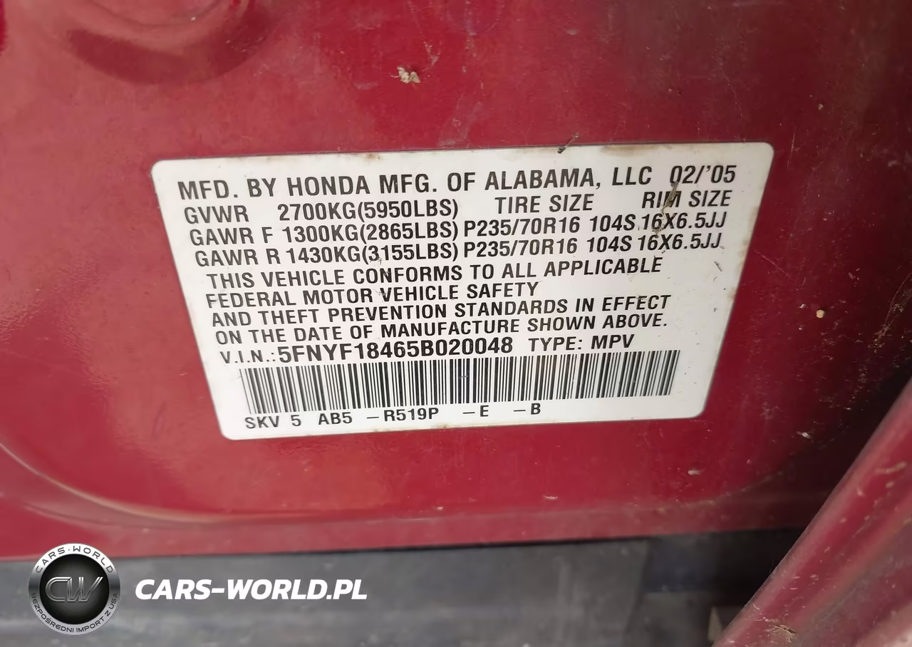 2005 Honda Pilot Ex VIN:5FNYF18465B020048 - 9
