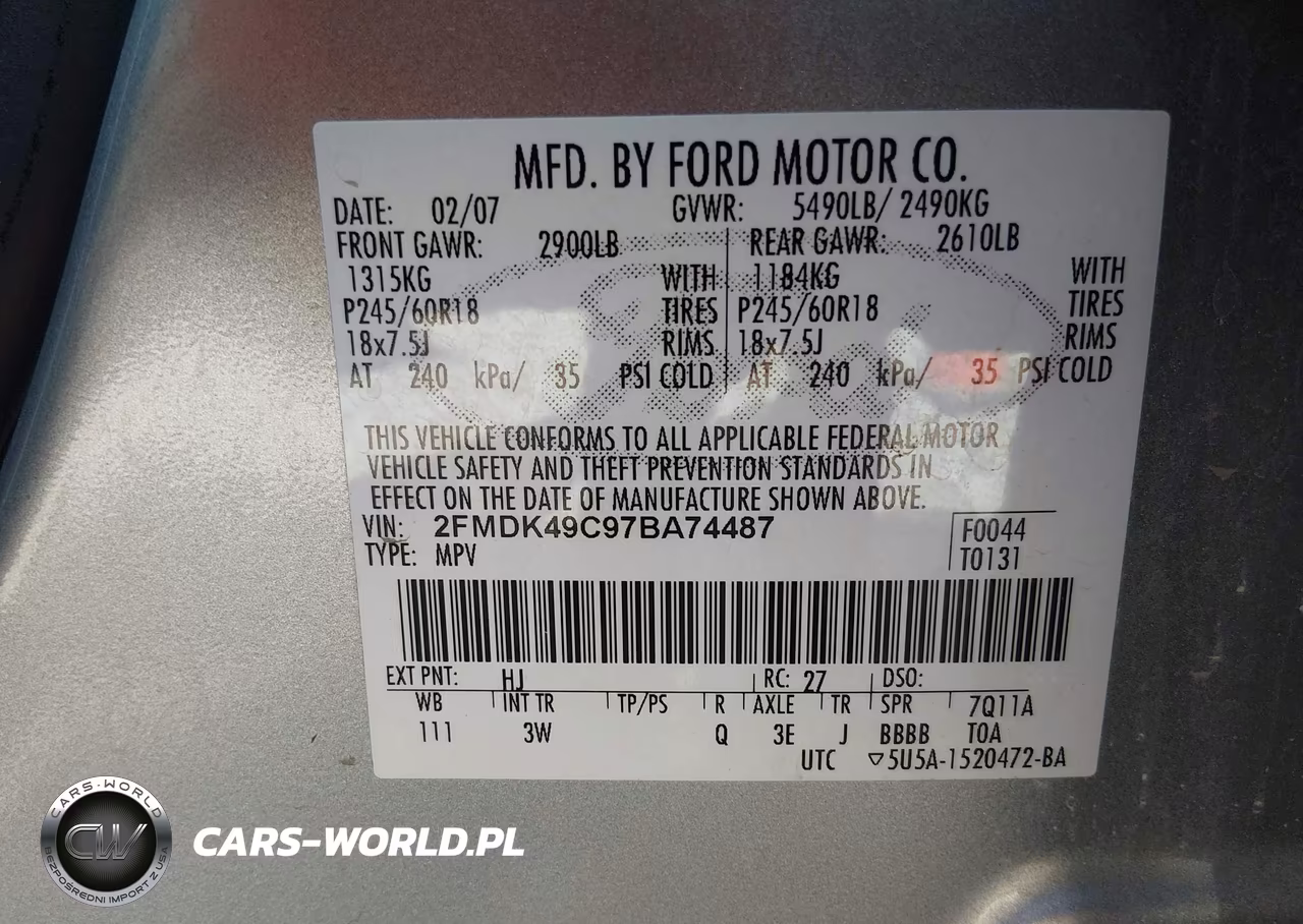 2007 Ford Edge Sel Plus VIN:2FMDK49C97BA74487 - 9