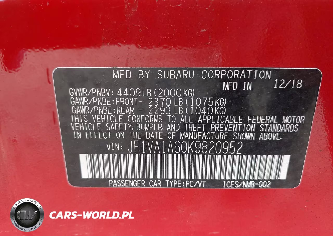 2019 Subaru Wrx VIN:JF1VA1A60K9820952 - 9