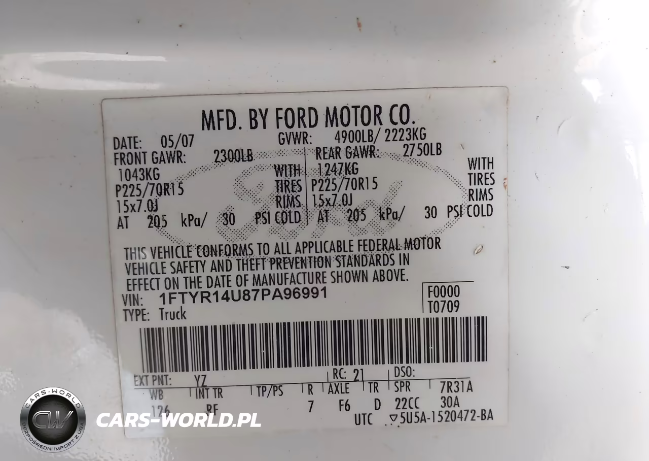 2007 Ford Ranger Sport-Stx-Xl-Xlt VIN:1FTYR14U87PA96991 - 9