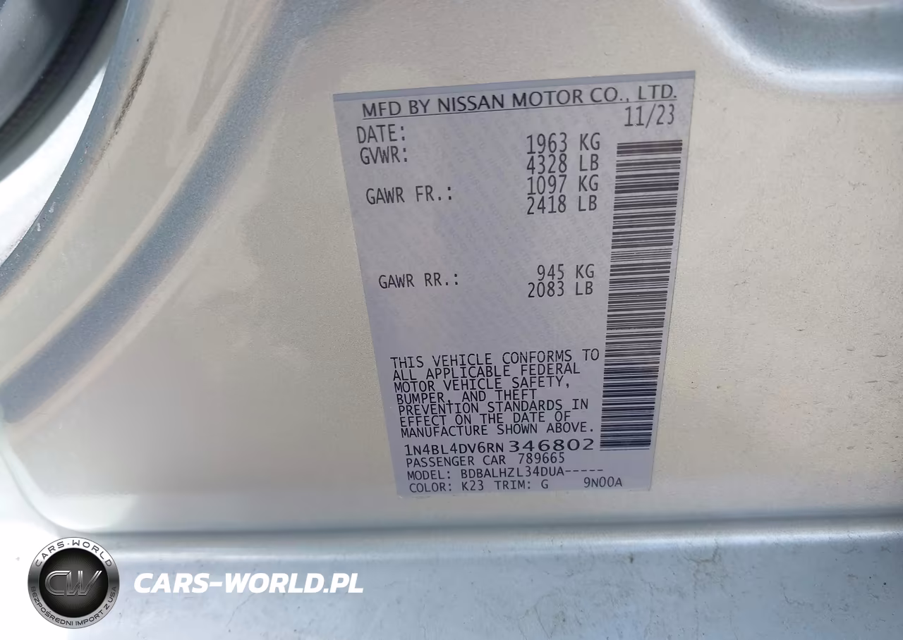2024 Nissan Altima Sv Fwd VIN:1N4BL4DV6RN346802 - 9