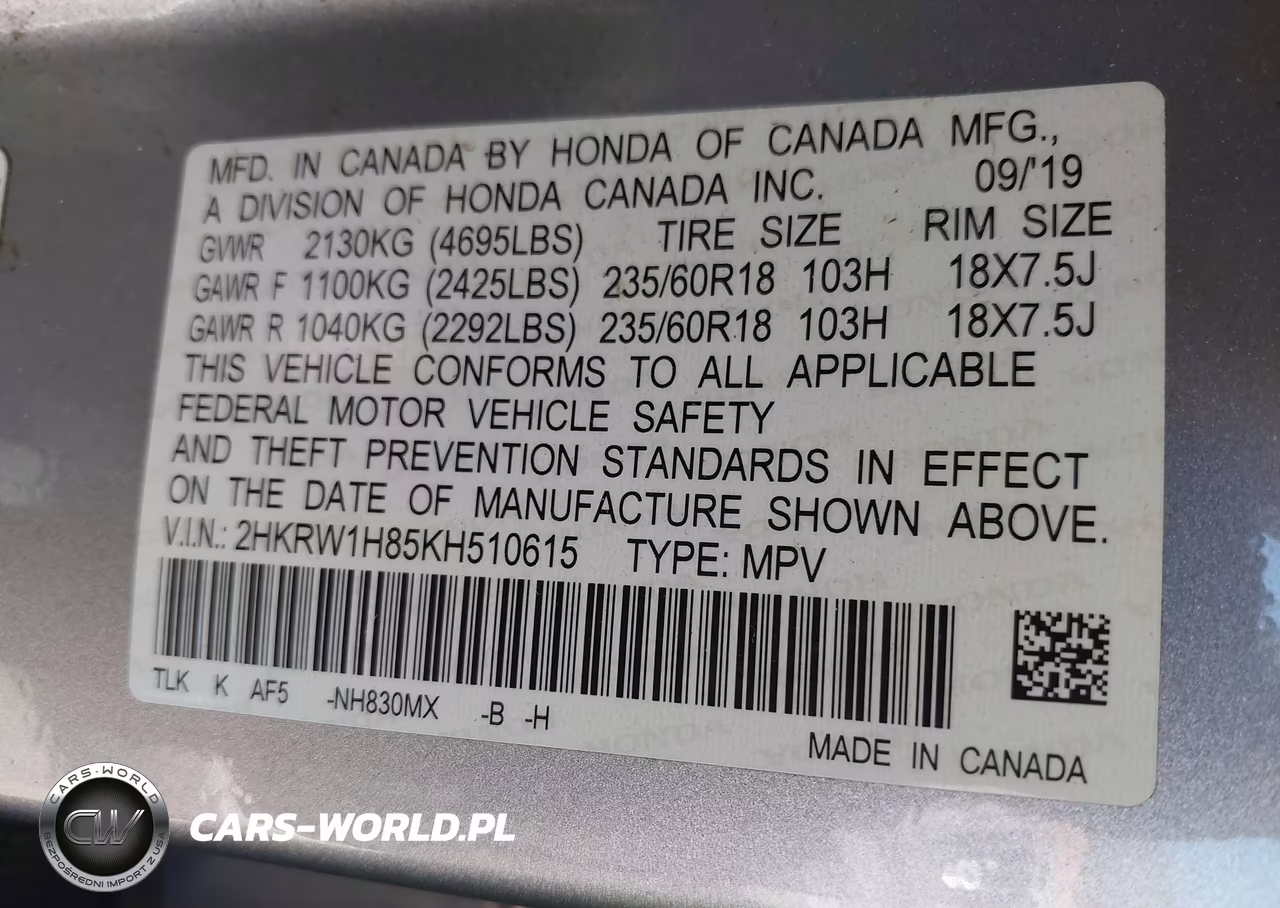 2019 Honda Cr-V Ex-L VIN:2HKRW1H85KH510615 - 9