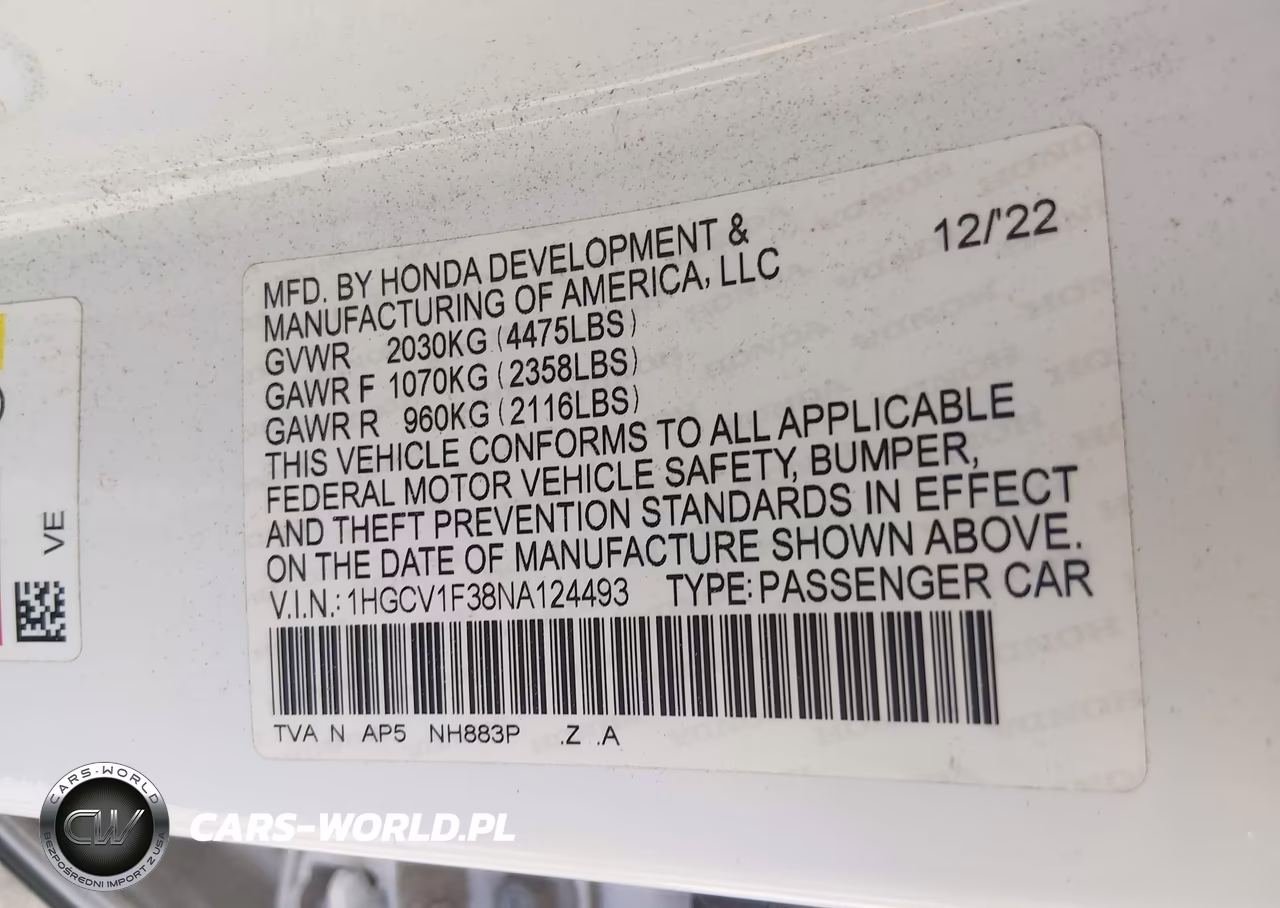 2022 Honda Accord Sport VIN:1HGCV1F38NA124493 - 9