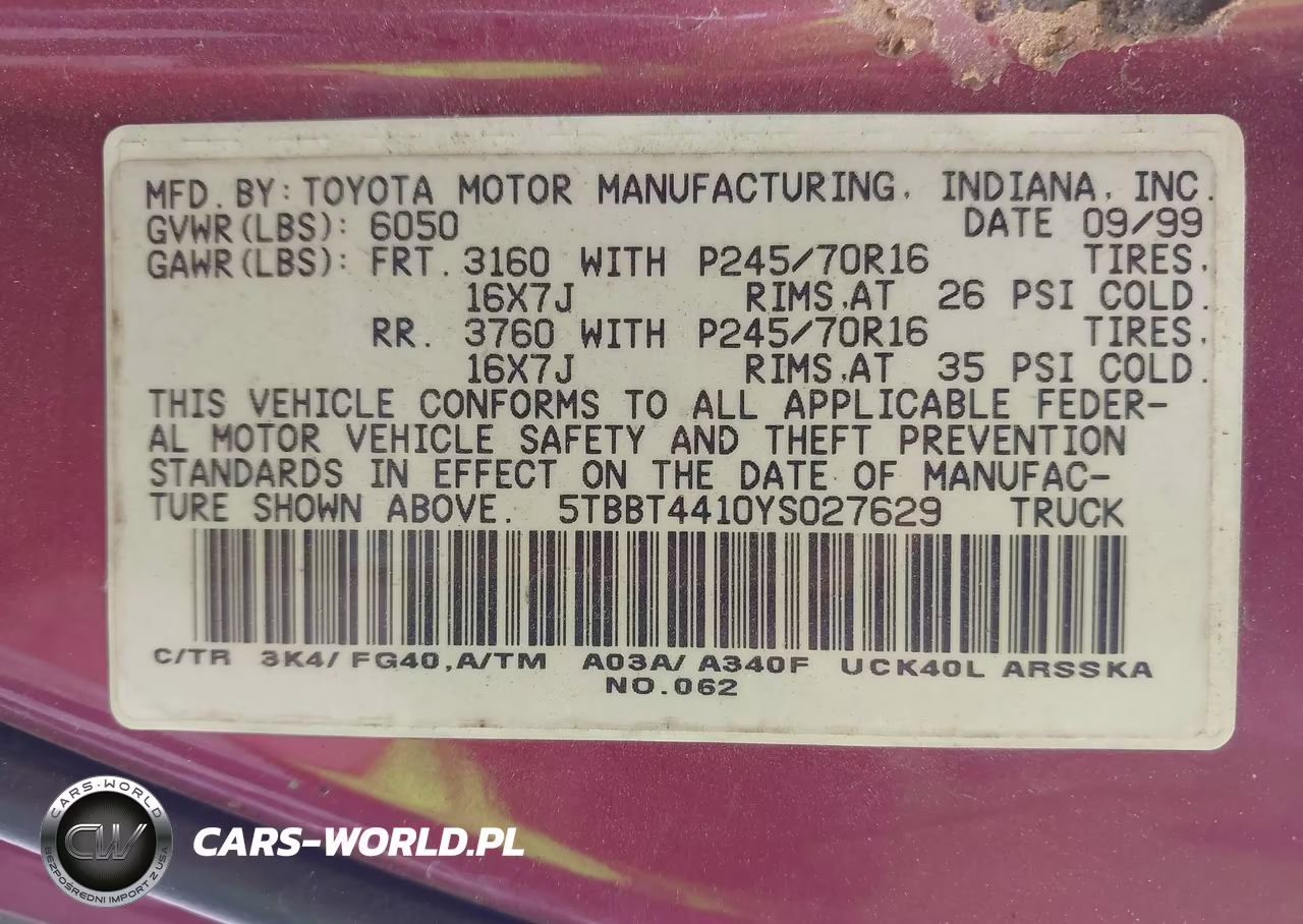 2000 Toyota Tundra Sr5 V8 VIN:5TBBT4410YS027629 - 9