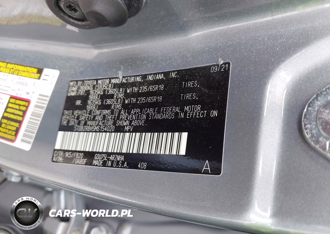 2021 Toyota Highlander Le VIN:5TDBZRBH5MS154020 - 9