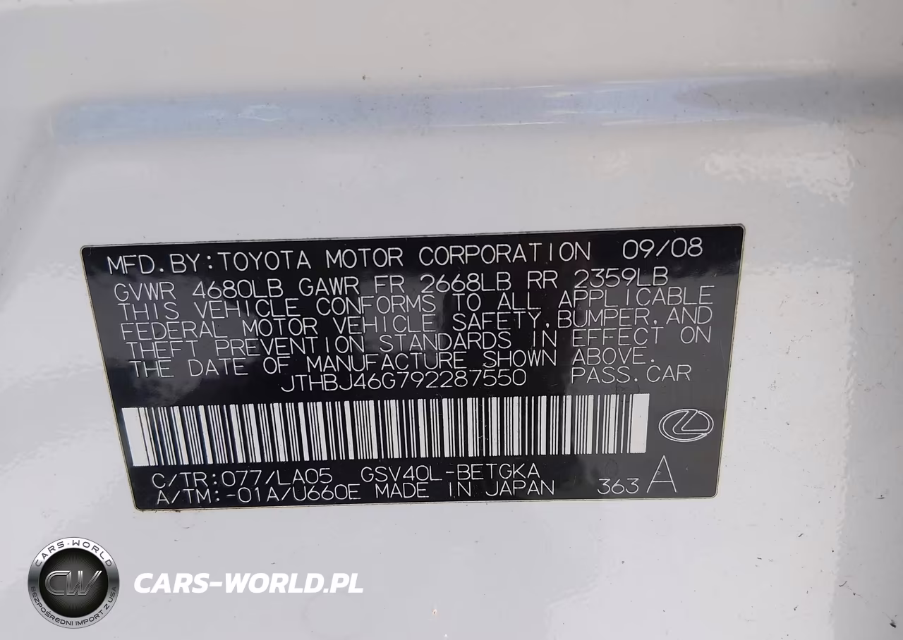 2009 Lexus Es 350 VIN:JTHBJ46G792287550 - 9