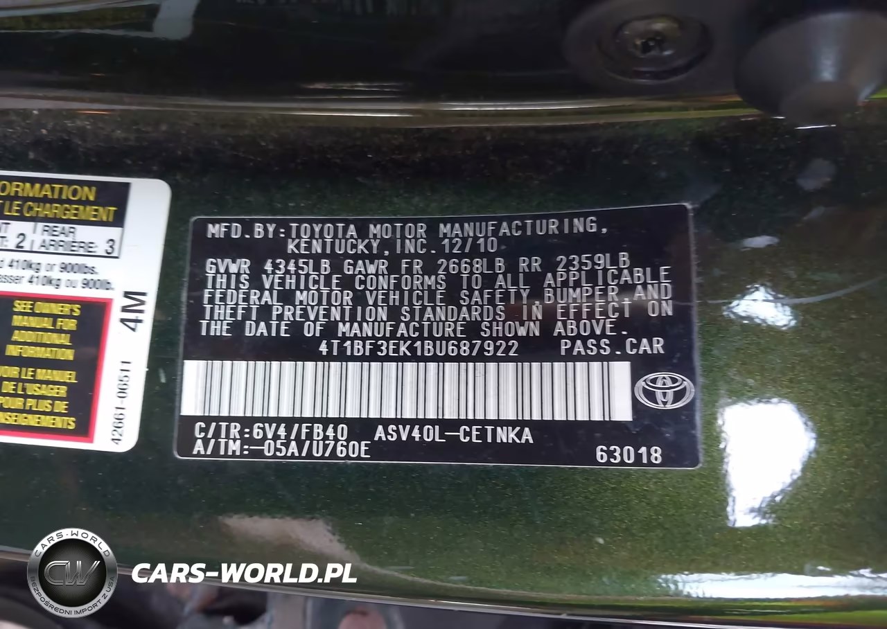 2011 Toyota Camry Le VIN:4T1BF3EK1BU687922 - 9