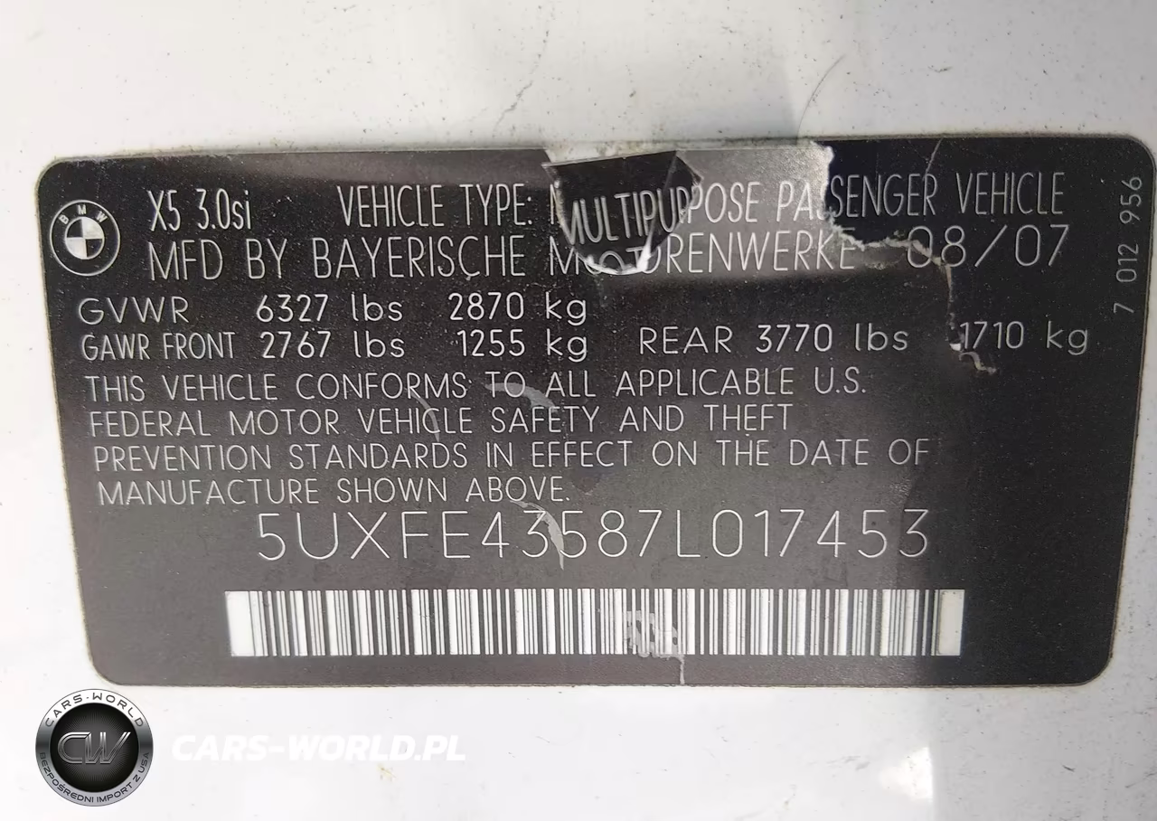 2007 BMW X5 3.0Si VIN:5UXFE43587L017453 - 9