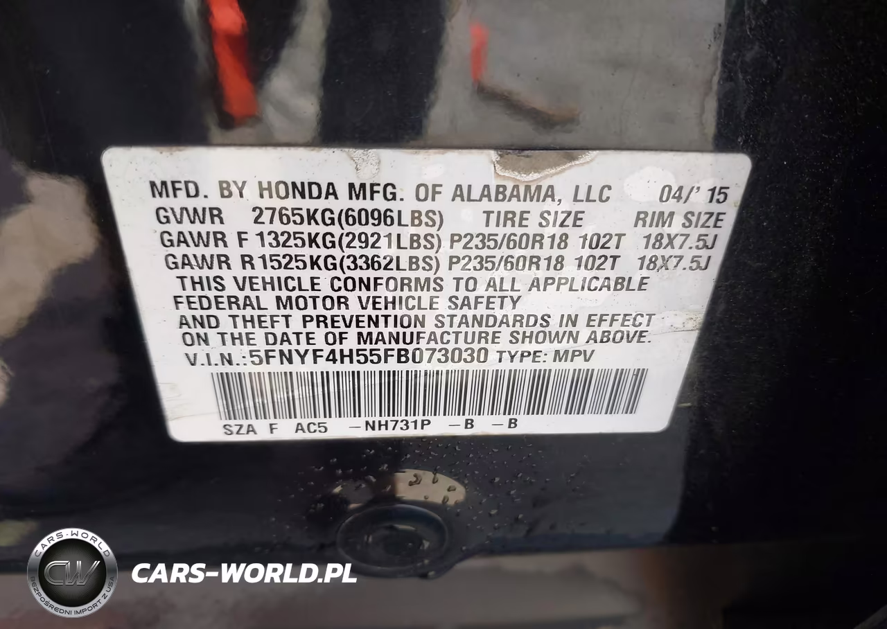 2015 Honda Pilot Ex-L VIN:5FNYF4H55FB073030 - 9