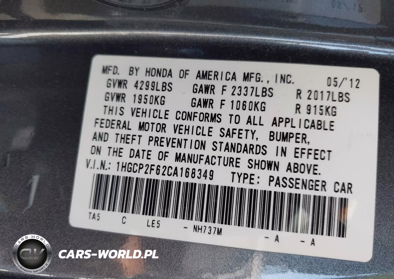 2012 Honda Accord 2.4 Se VIN:1HGCP2F62CA168349 - 9