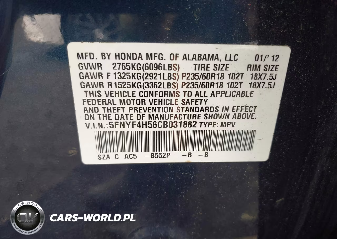 2012 Honda Pilot Ex-L VIN:5FNYF4H56CB031882 - 9
