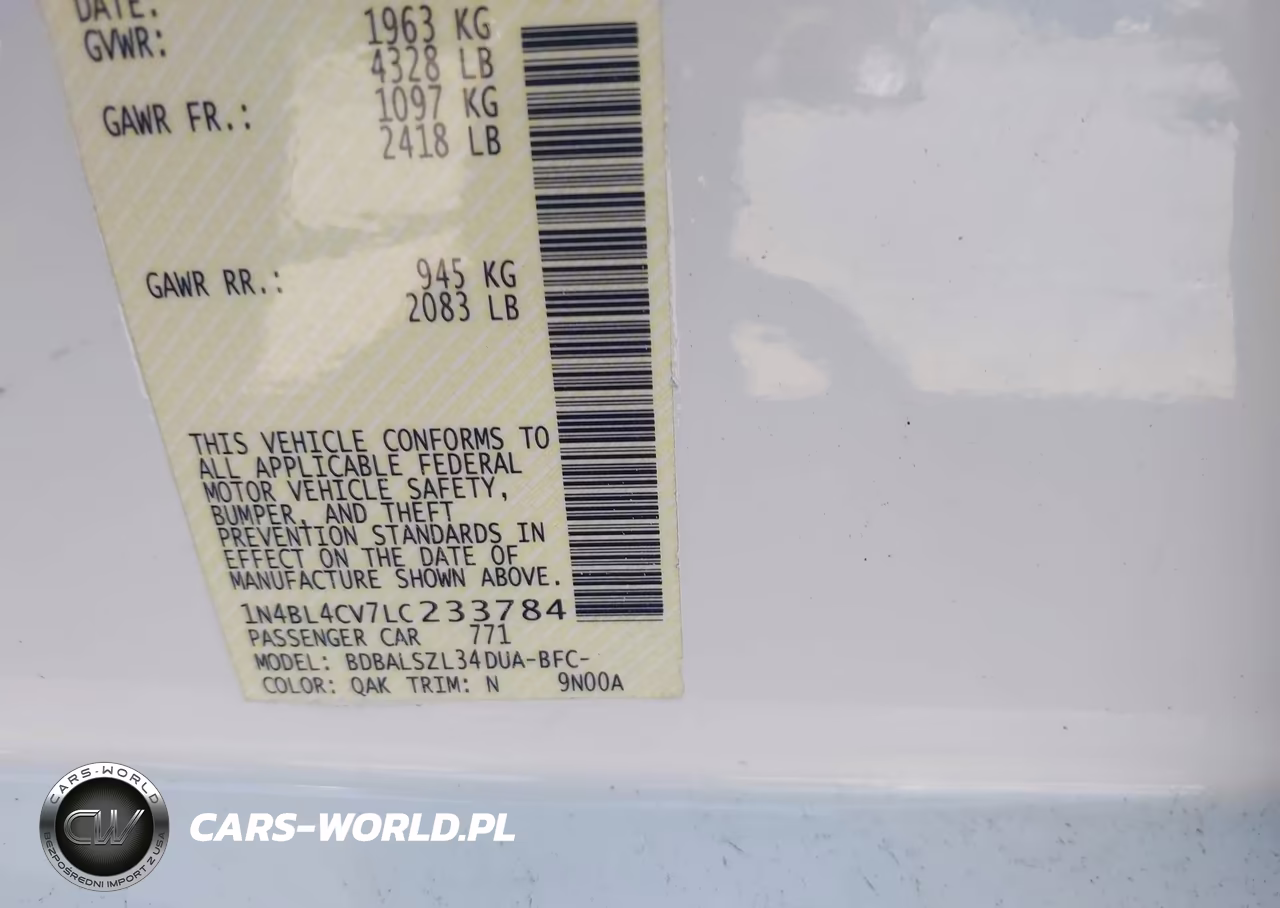 2020 Nissan Altima Sr Fwd VIN:1N4BL4CV7LC233784 - 9