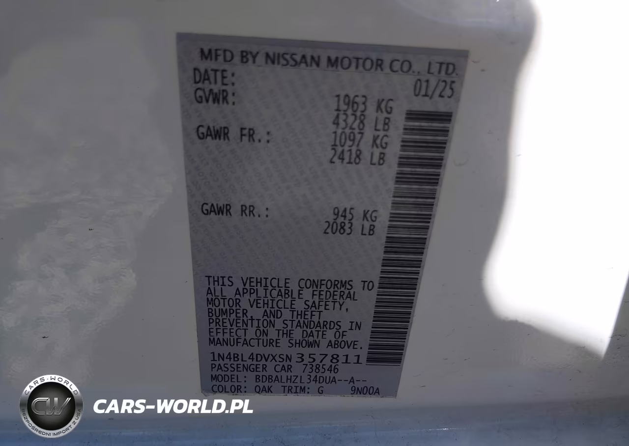 2025 Nissan Altima Sv Fwd VIN:1N4BL4DVXSN357811 - 9