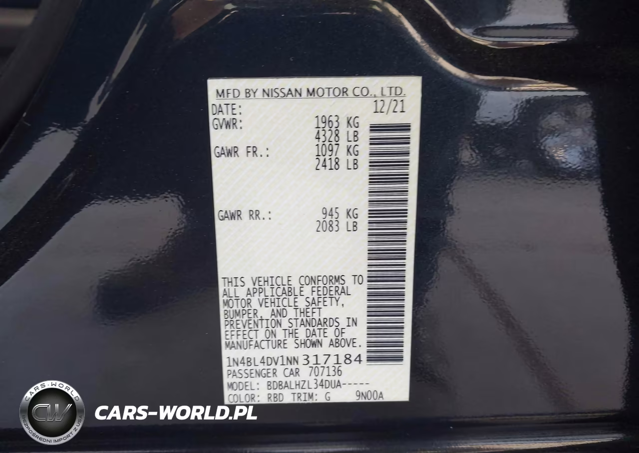 2022 Nissan Altima Sv Fwd VIN:1N4BL4DV1NN317184 - 9