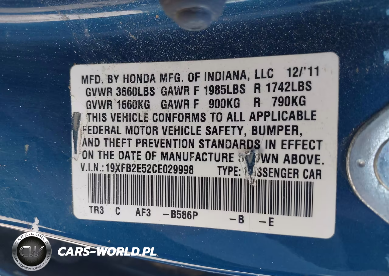 2012 Honda Civic Lx VIN:19XFB2E52CE029998 - 9