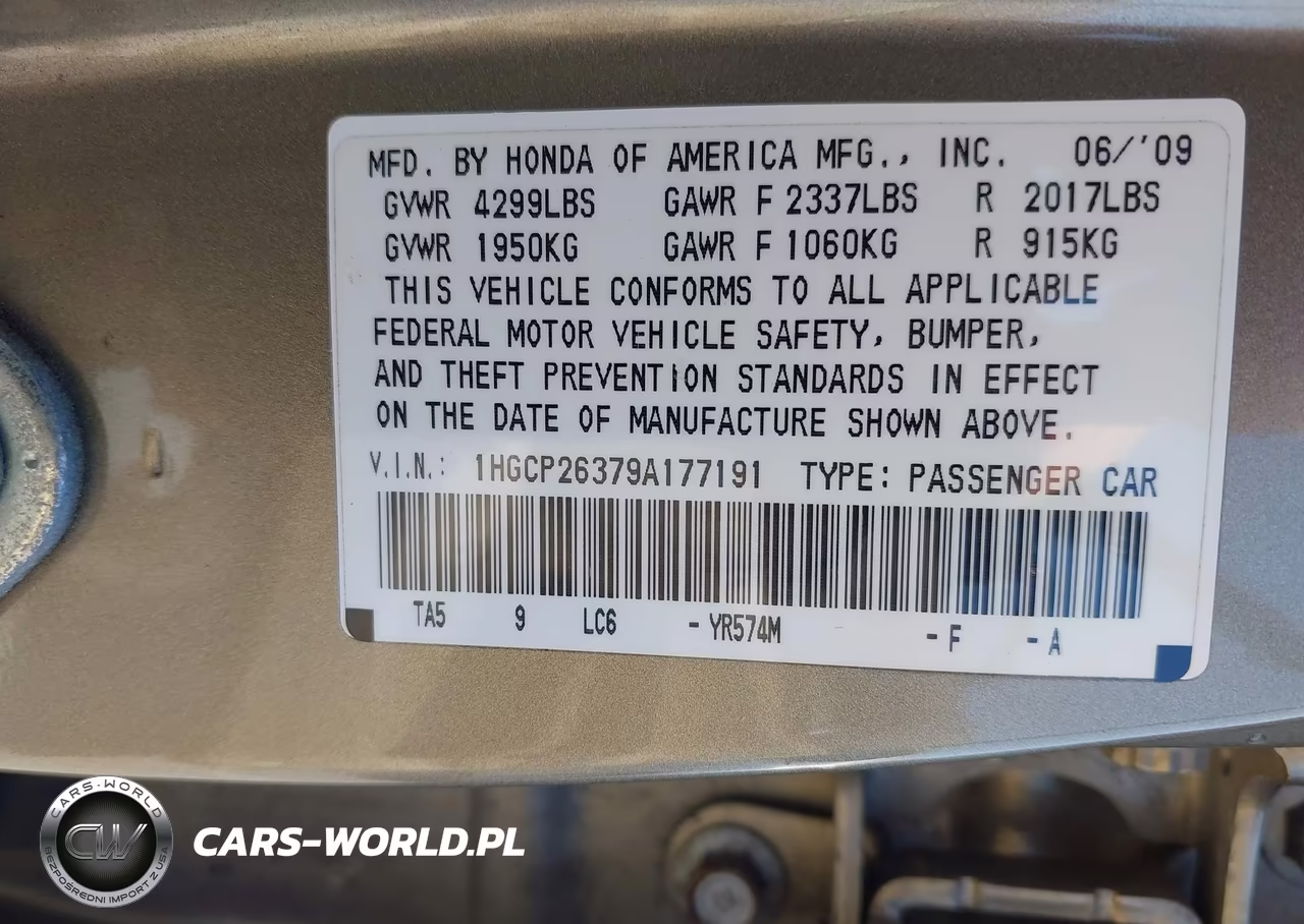 2009 Honda Accord 2.4 Lx VIN:1HGCP26379A177191 - 9