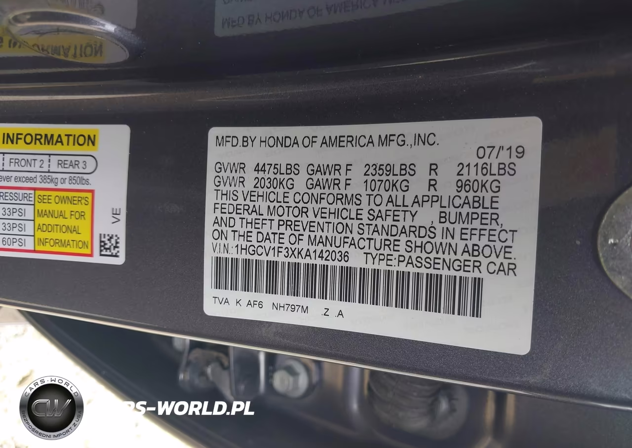 2019 Honda Accord Sport VIN:1HGCV1F3XKA142036 - 9