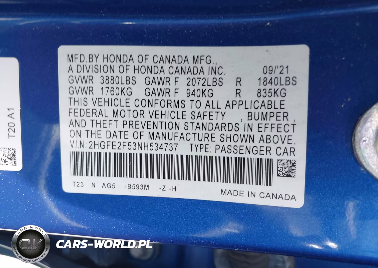 2022 Honda Civic Sport VIN:2HGFE2F53NH534737 - 9