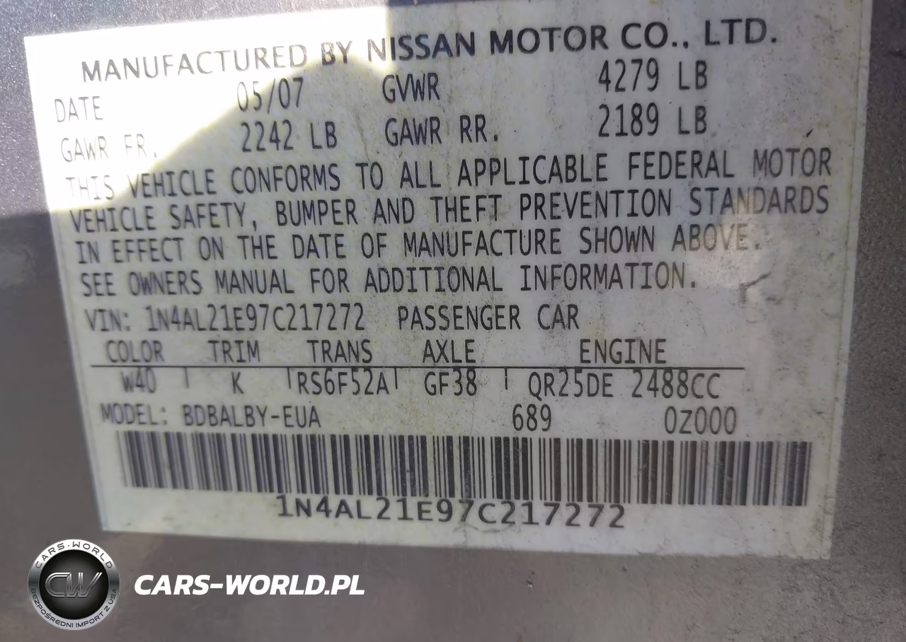 2007 Nissan Altima 2.5 S VIN:1N4AL21E97C217272 - 9