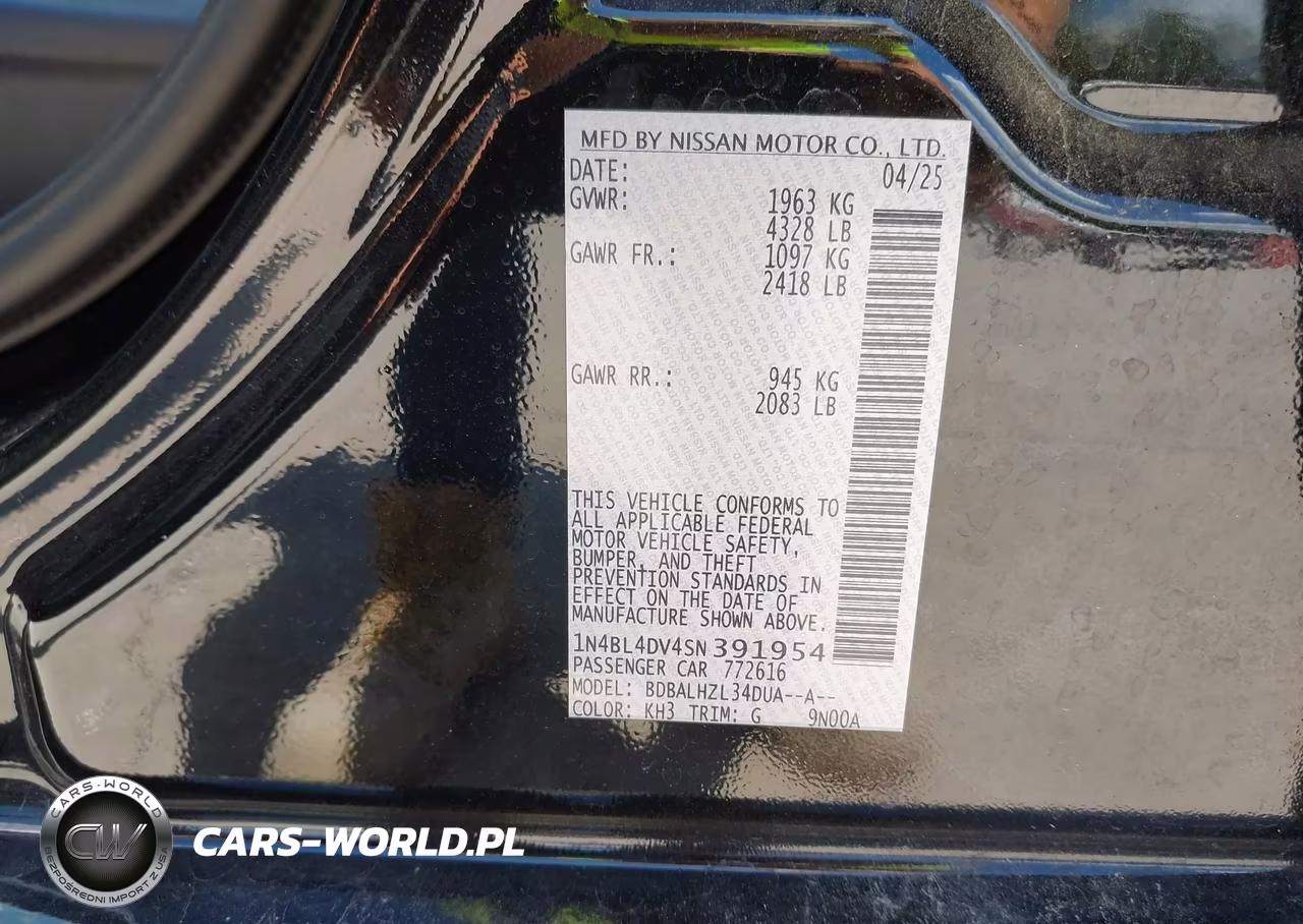 2025 Nissan Altima Sv Fwd VIN:1N4BL4DV4SN391954 - 9