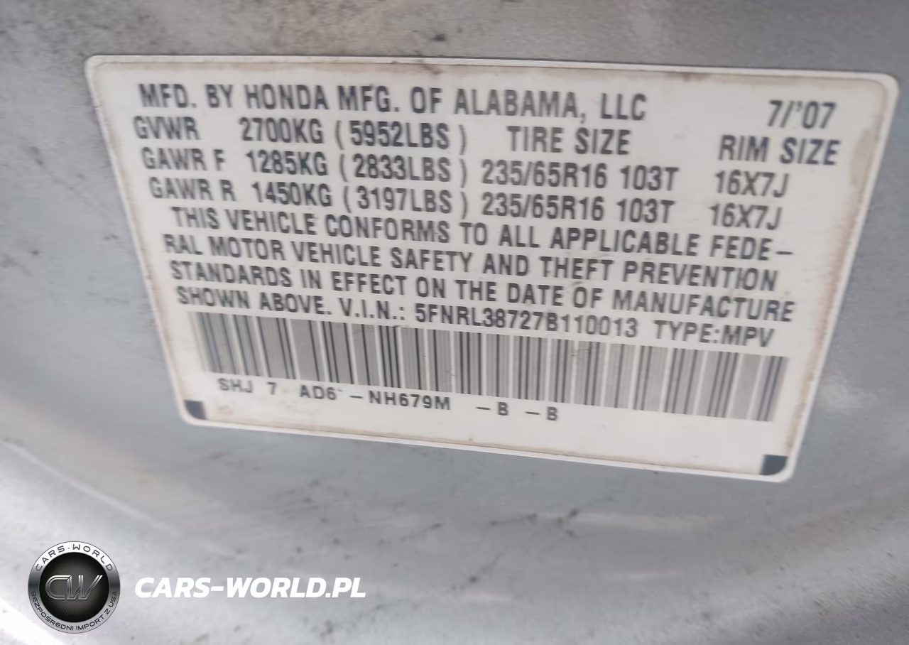 2007 Honda Odyssey Ex-L VIN:5FNRL38727B110013 - 9