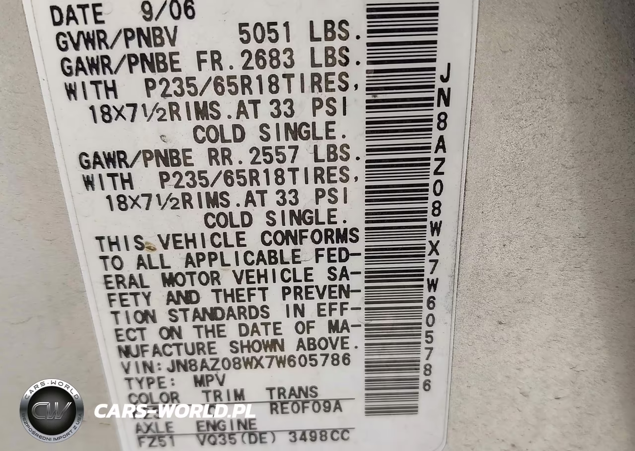 2007 Nissan Murano Sl VIN:JN8AZ08WX7W605786 - 9