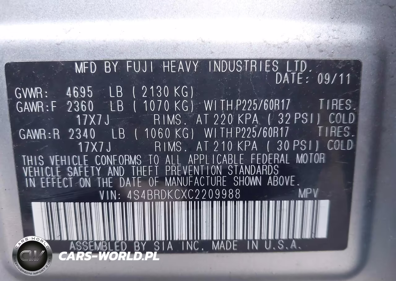 2012 Subaru Outback 3.6R Limited VIN:4S4BRDKCXC2209988 - 9