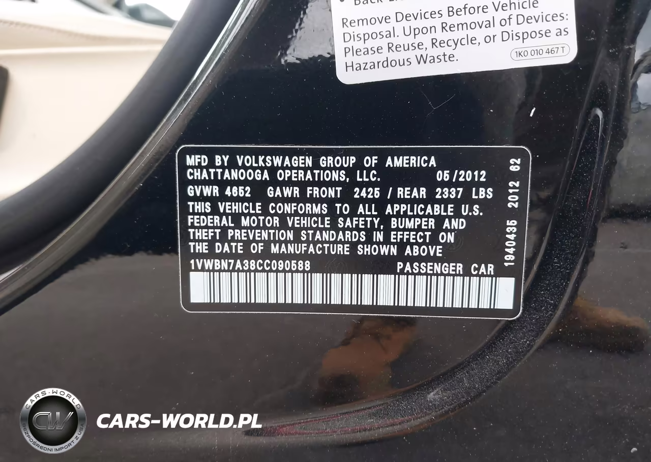 2012 Volkswagen Passat 2.0L Tdi Se VIN:1VWBN7A38CC090588 - 9