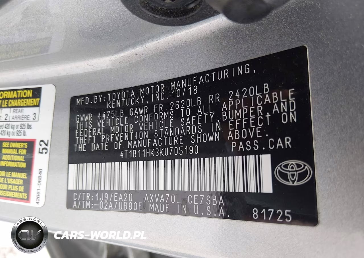 2019 Toyota Camry Se VIN:4T1B11HK3KU705190 - 9