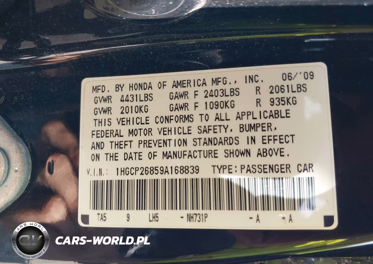 2009 Honda Accord 2.4 Ex-L VIN:1HGCP26859A168839 - 9