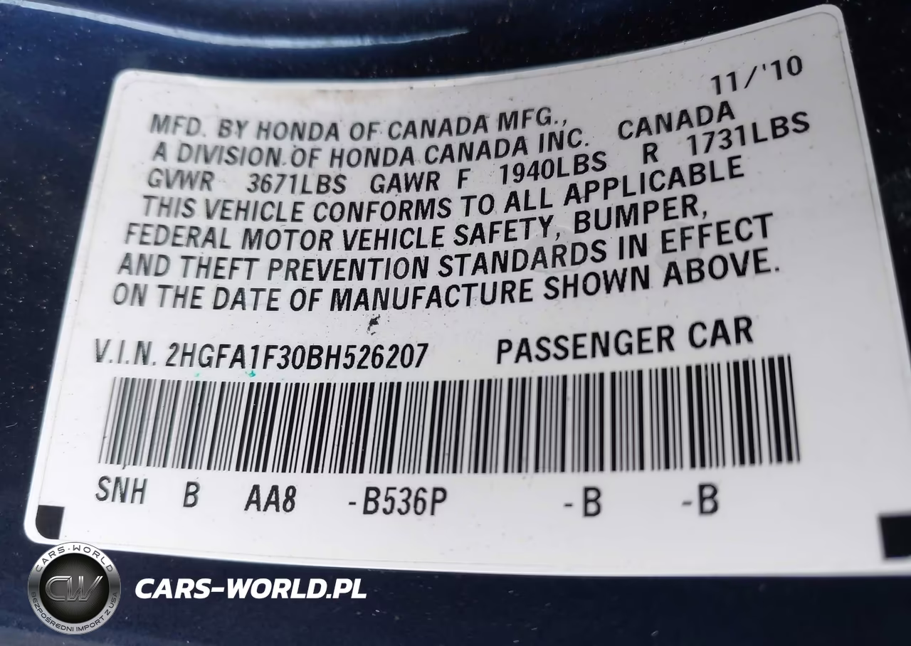 2011 Honda Civic Vp VIN:2HGFA1F30BH526207 - 9